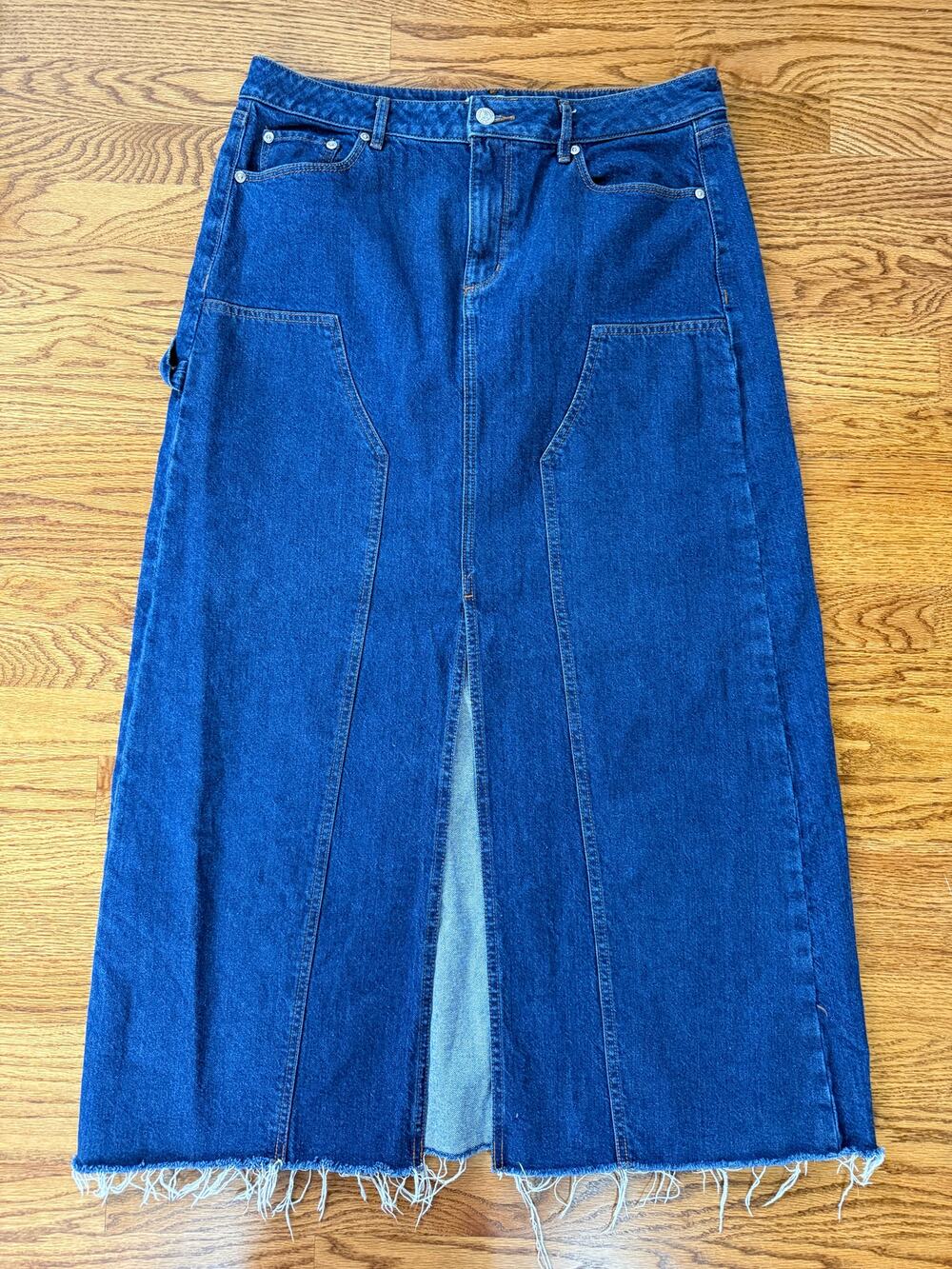 Ann Taylor Loft Maxi Denim Carpenter 10 Skirt Jean Raw Hem Split Front Utility